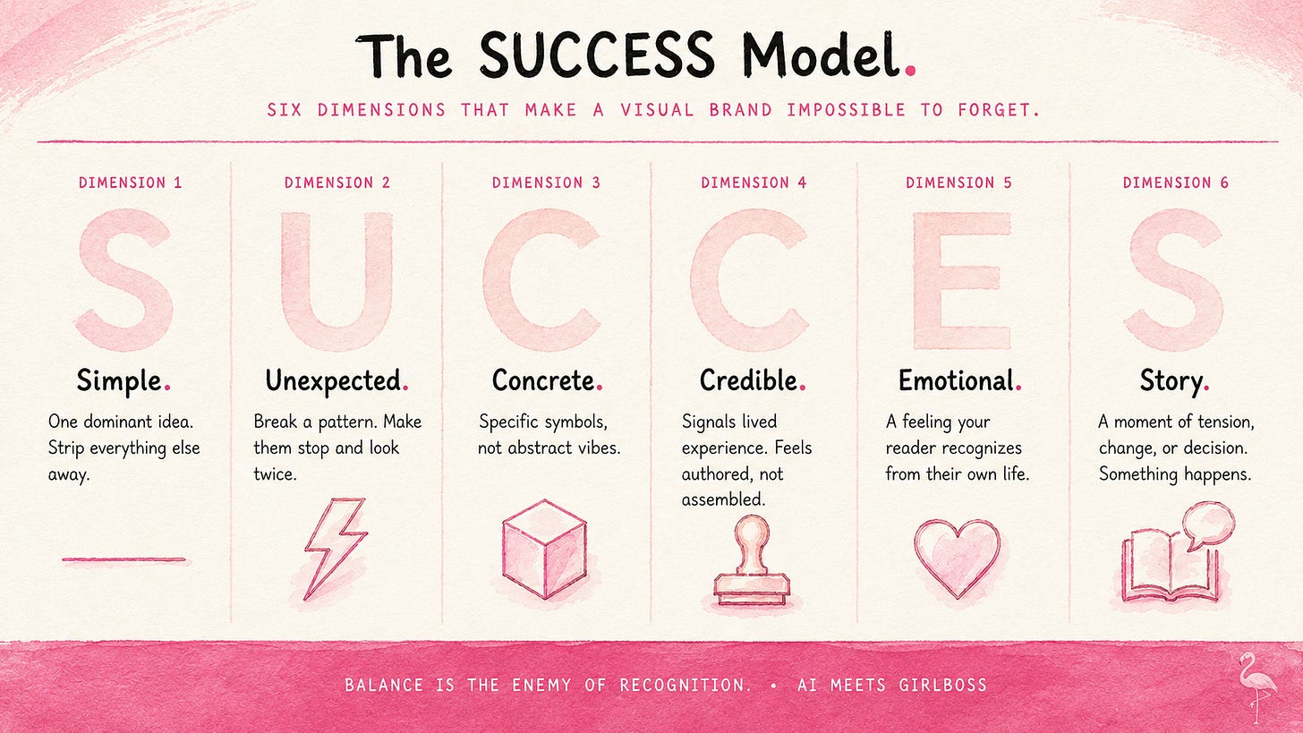 Diagram of the SUCCESS Model six dimensions: Simple, Unexpected, Concrete, Credible, Emotional, Story