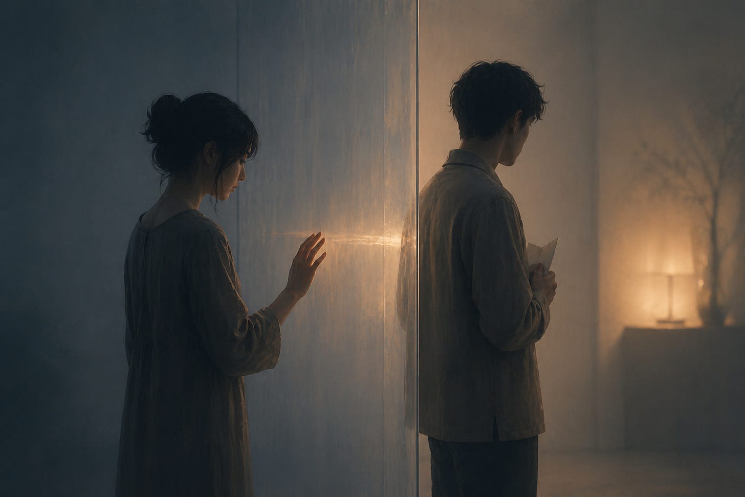 Two people stand close but separated by a translucent glass wall in a dim room; one reaches toward the barrier while the other turns away holding a folded note.