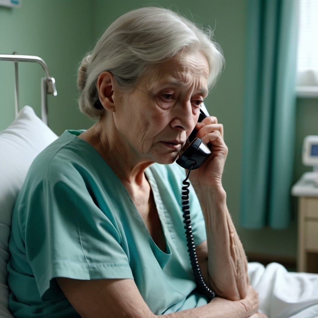 Elderly woman in the hospital talking on the telephone about death.