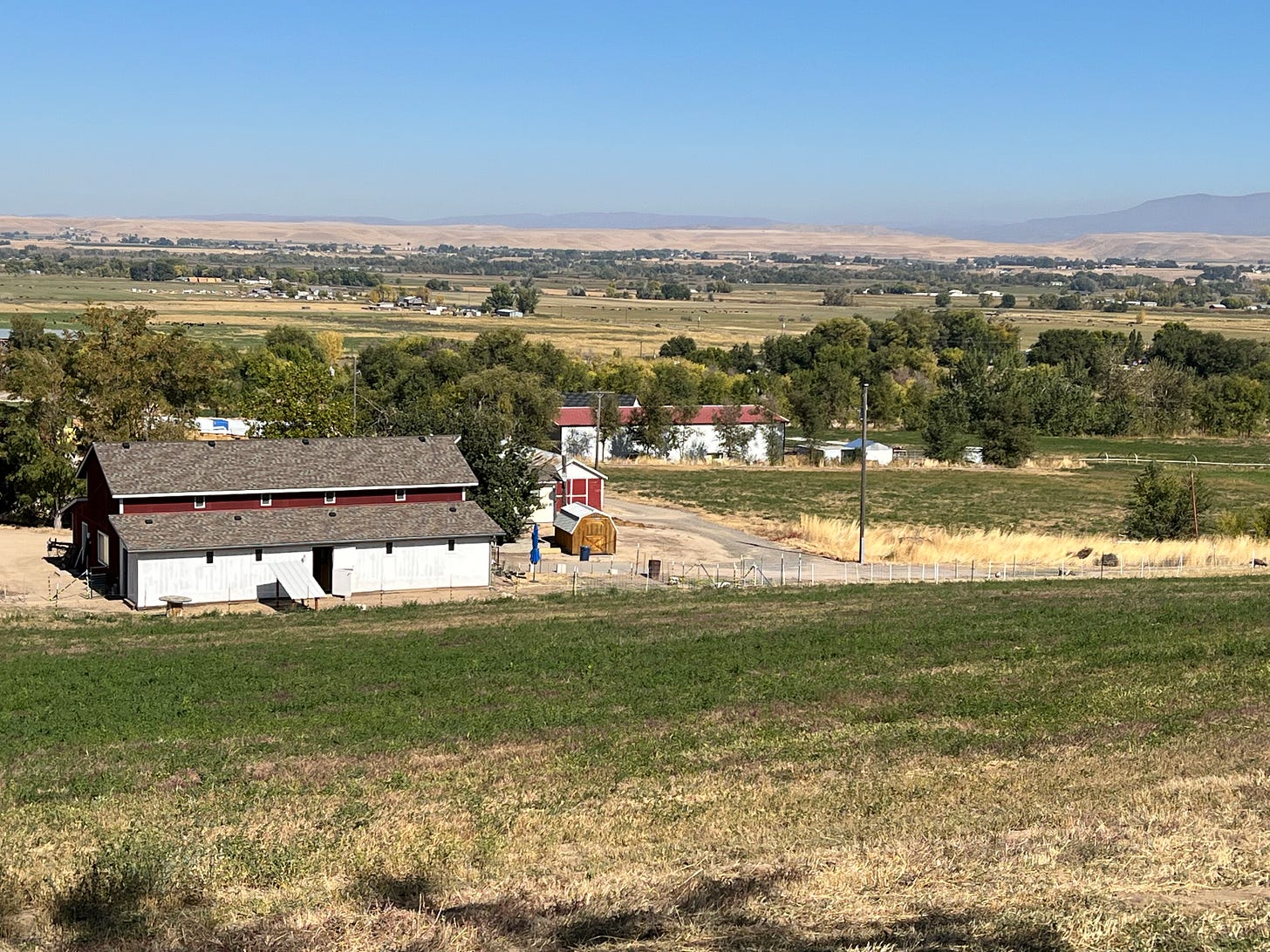 A picture from my home down the hill to our barns and a view of the valley.