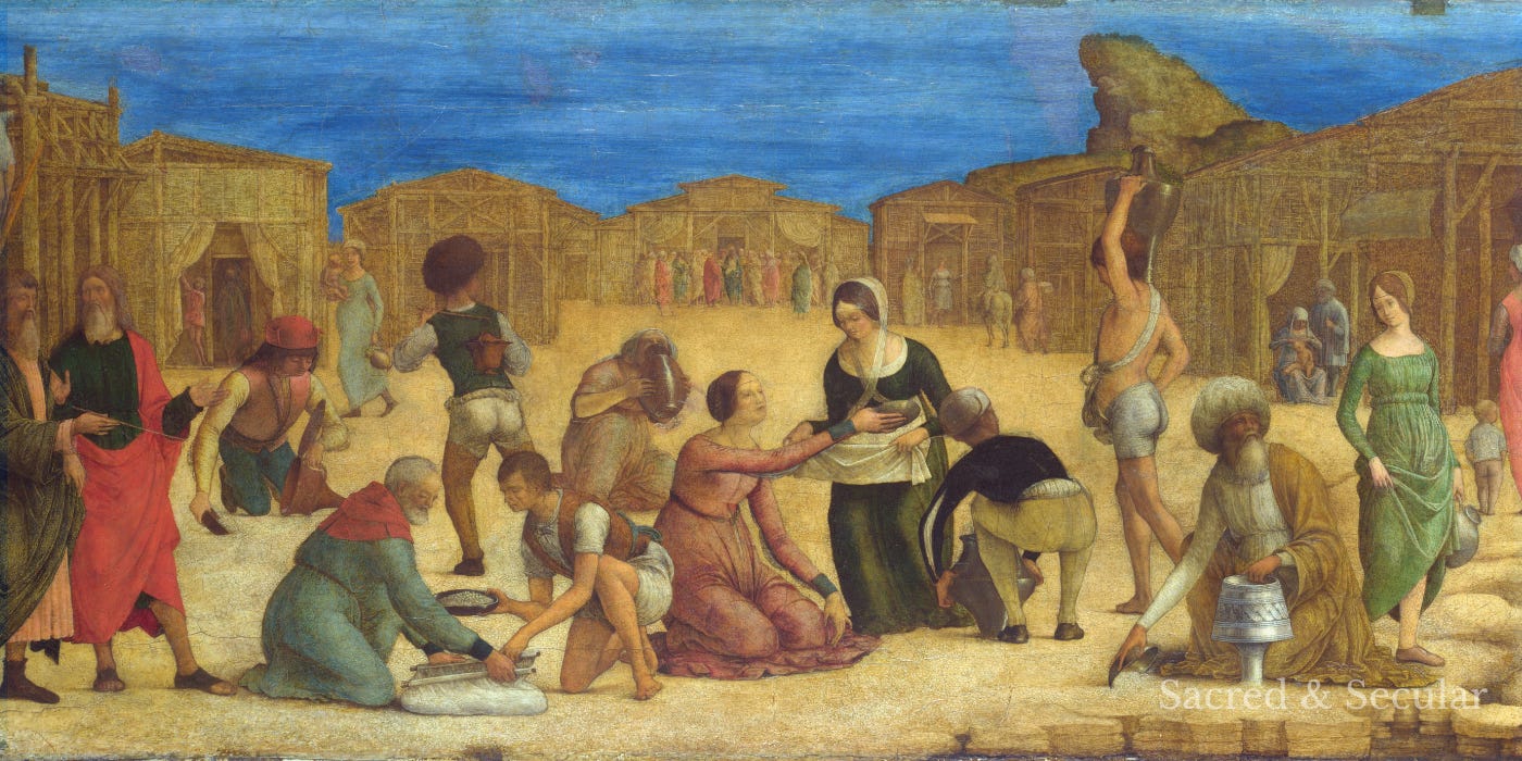 A Renaissance painting by Ercole de’ Roberti showing Israelite men, women and children gathering manna from the ground in the wilderness, filling containers and carrying food together outside their temporary camp. A Renaissance painting by Ercole de’ Roberti showing Israelite men, women and children gathering manna from the ground in the wilderness, filling containers and carrying food together outside their temporary camp.