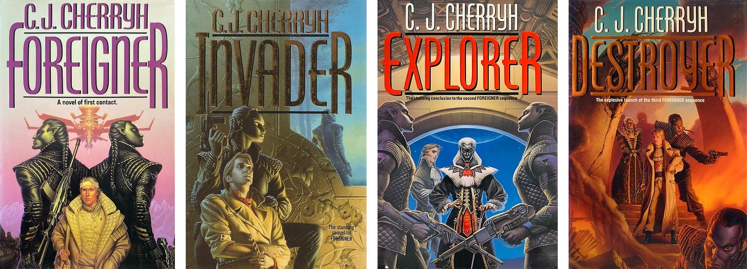 DAW hardback book covers for FOREIGNER, INVADER, EXPLORER, and DESTROYER written by C.J. Cherryh