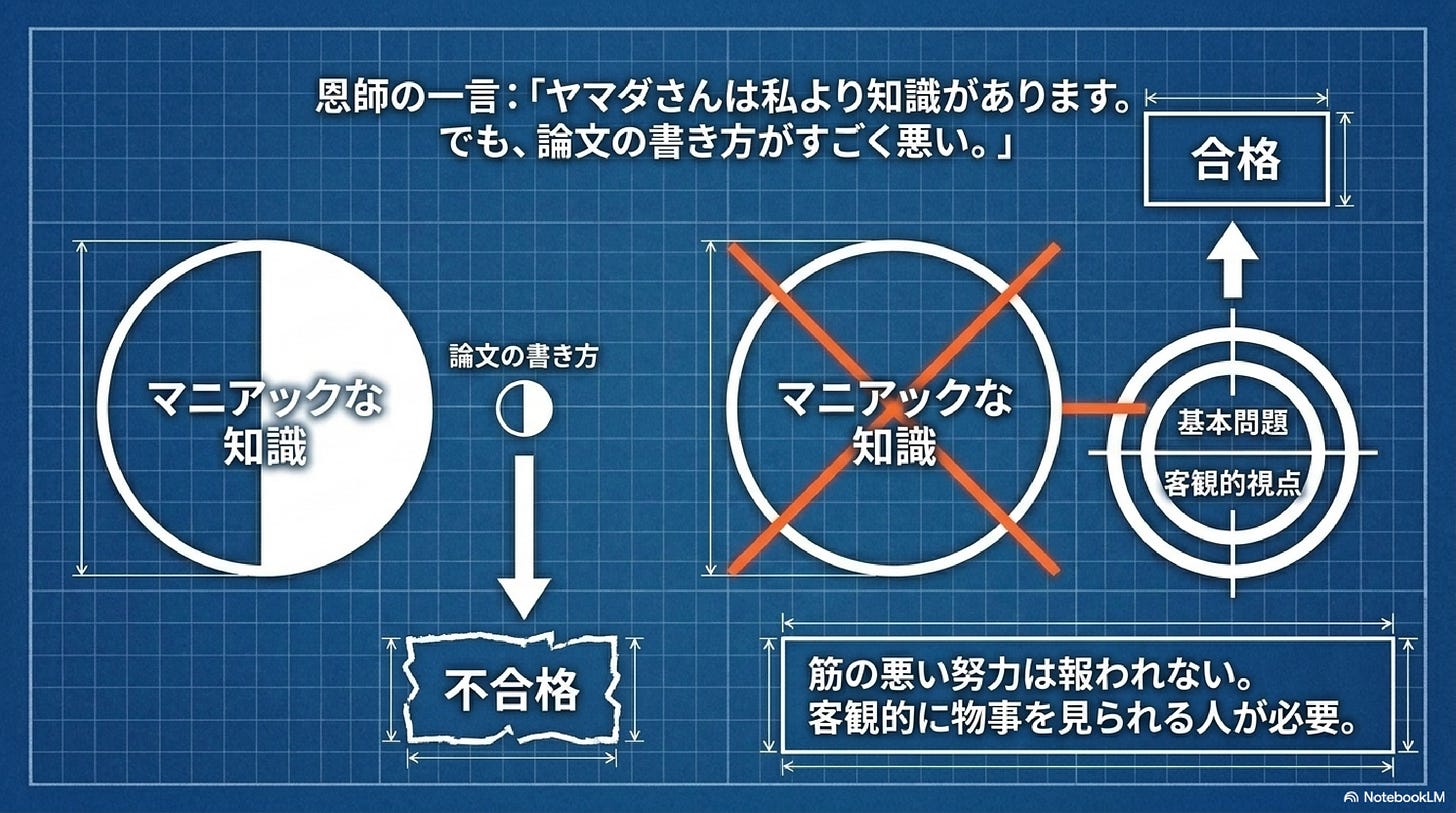 恩師の一言を機に、知識偏重から基本問題重視へ切り替えて合格した経緯を示した設計図風の図。 恩師の一言を機に、知識偏重から基本問題重視へ切り替えて合格した経緯を示した設計図風の図。