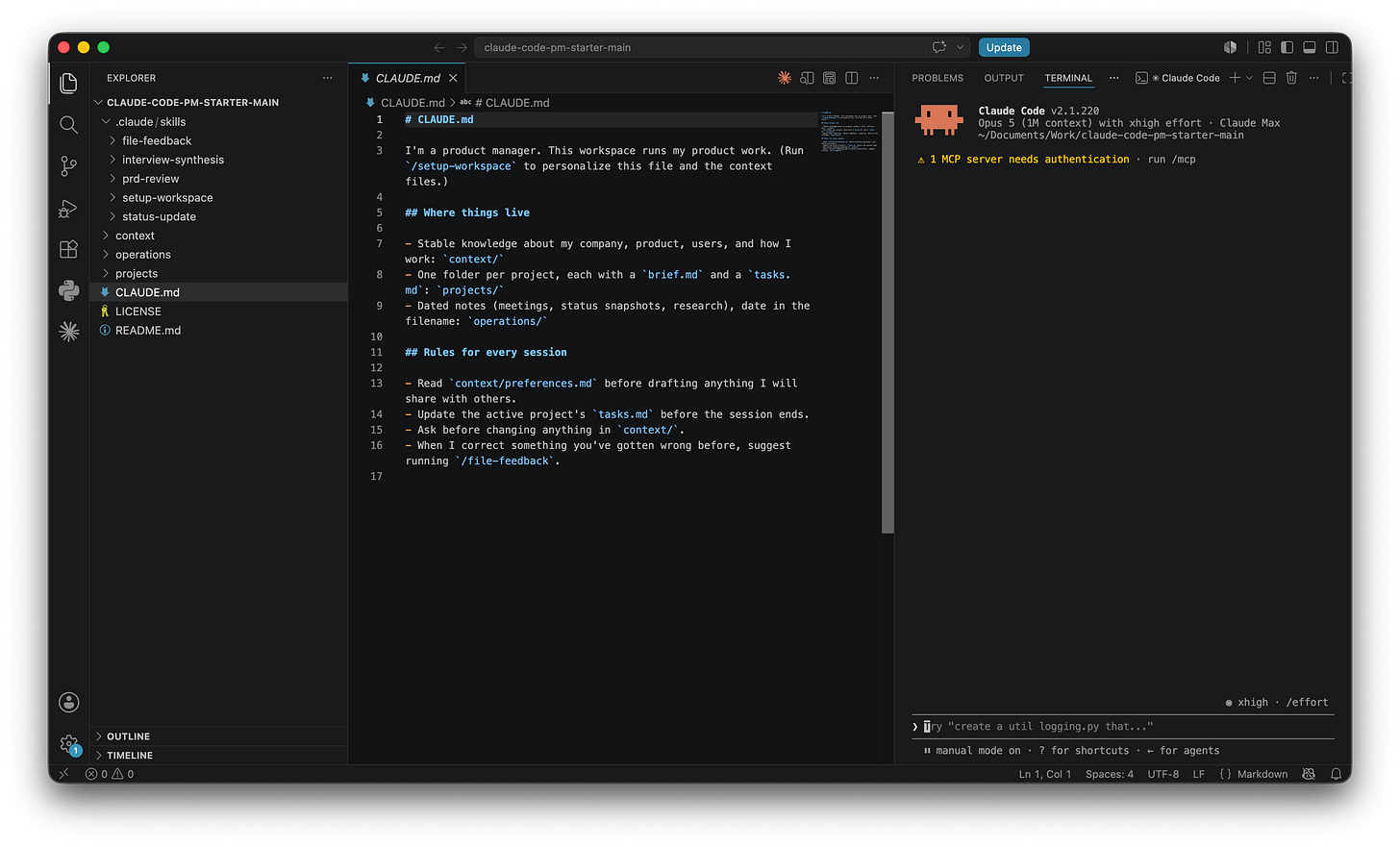 Screenshot of VS Code. The left explorer panel shows the starter workspace folders: context, projects, operations, and the skills directory. On the right side, the terminal panel has been moved to a vertical position and Claude Code is running in it, showing its welcome prompt. Screenshot of VS Code. The left explorer panel shows the starter workspace folders: context, projects, operations, and the skills directory. On the right side, the terminal panel has been moved to a vertical position and Claude Code is running in it, showing its welcome prompt.
