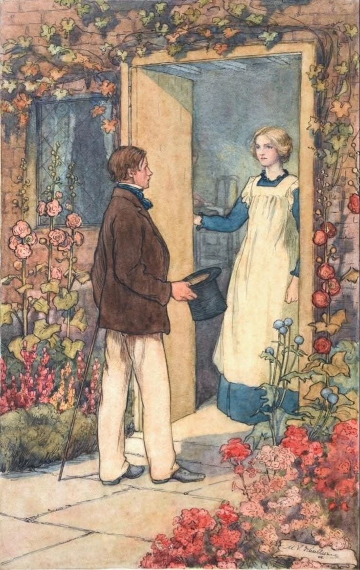 This may contain: an illustration of a man and woman standing in front of a door with flowers around them
