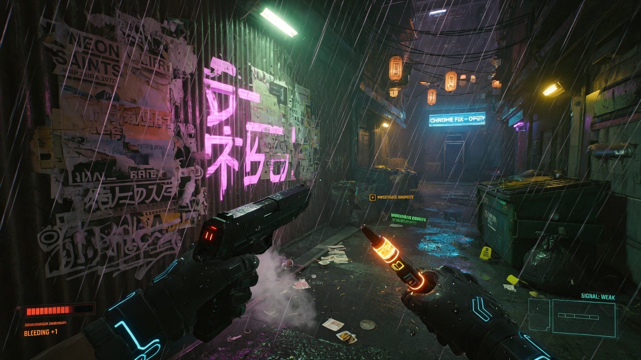 A screenshot from an immersive sim role-playing game with cyberpunk aesthetic, first-person perspective, alley, raining, high detail, limited UI elements, asymmetrical composition, dynamic scene, angled, character's hands visible in the foreground