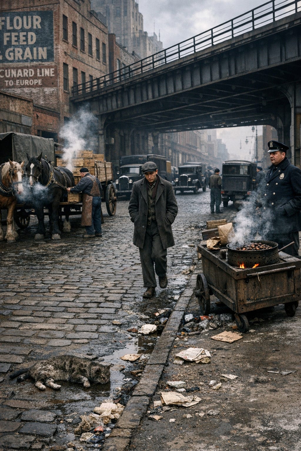 Hyperrealistic color photograph of West Street along the Hudson River waterfront, New York City, December 1935, late morning. Wide cobblestone street with elevated rail structure overhead. Draft horses hitched to wooden cargo wagons, steam rising from their nostrils, a teamster in a leather apron loading crates. Brick warehouse buildings with faded painted advertisements on walls. A lone young man in a worn coat walks along the street, hands in pockets, looking defeated. Italian pushcart vendor with a chestnut roaster, small charcoal fire visible. Period automobiles—black Model A Fords—and delivery trucks. A uniformed policeman standing watch. A frozen dead cat visible in gutter debris. Garbage and debris scattered on cobblestones. Overcast winter sky, harsh industrial atmosphere. Workers in flat caps and heavy work clothes. Authentic 1930s urban poverty, industrial grit, documentary photography aesthetic, rich detail in textures—rough brick, weathered wood, rusted metal, worn clothing..png