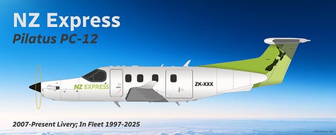 A selection of aircraft types that were formerly operated as part of the NZ Express fleet and/or its predecessor carriers: (1) Ford Trimotor, (2) Douglas DC-3, (3) Fokker F27 Friendship, (4) Hawker Siddeley HS 748, (5) British Aerospace BAe 146, (6) Fokker F28 Fellowship, (7) McDonnell Douglas DC-9-10, (8) de Havilland DHC-3 Otter, and (9) Pilatus PC-12 - all seen in side view in their respective liveries while in midflight.