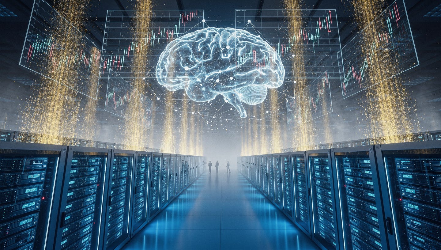A hyper-realistic cinematic photograph of a massive futuristic data center, endless rows of glowing blue and white server racks stretching to infinity, bathed in cool electric light. Floating above the servers, translucent holographic neural network nodes pulse and connect like synapses firing in a brain, with streams of golden data flowing upward transforming into rising stock market charts and financial graphs climbing steeply. The atmosphere is powerful, almost sacred — like witnessing the birth of a new industrial revolution. Shot with a 16mm wide-angle lens, extreme depth of field, dramatic volumetric lighting in deep blue and gold tones, photorealistic, 8K ultra-detailed, editorial technology photography style. A hyper-realistic cinematic photograph of a massive futuristic data center, endless rows of glowing blue and white server racks stretching to infinity, bathed in cool electric light. Floating above the servers, translucent holographic neural network nodes pulse and connect like synapses firing in a brain, with streams of golden data flowing upward transforming into rising stock market charts and financial graphs climbing steeply. The atmosphere is powerful, almost sacred — like witnessing the birth of a new industrial revolution. Shot with a 16mm wide-angle lens, extreme depth of field, dramatic volumetric lighting in deep blue and gold tones, photorealistic, 8K ultra-detailed, editorial technology photography style.