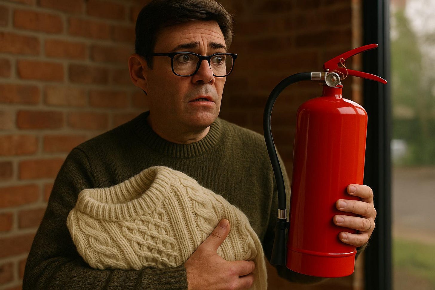 Worried Man Holding Fire Extinguisher and Sweater Indoors Worried Man Holding Fire Extinguisher and Sweater Indoors