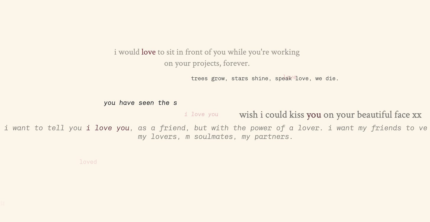 screenshot of a website with many overlapping love note texts on it