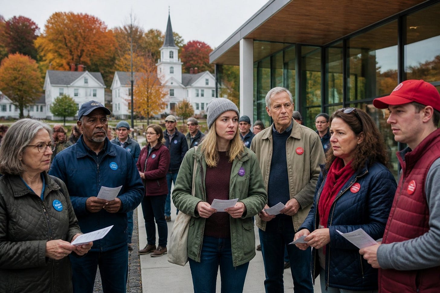 A diverse group of voters outside a polling station in a small town with autumn trees, holding ballots and looking thoughtful.