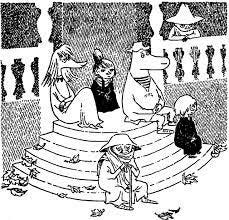 A black and white illustration of a group of 5 Moomin characters sitting on steps and a front porch looking off into the distance. There are leaves on the ground to indicate Fall.