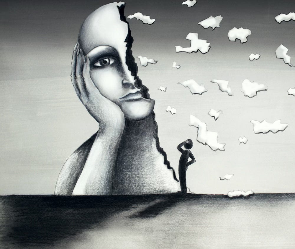 Man looks up to a giant person who's falling apart into pieces of paper