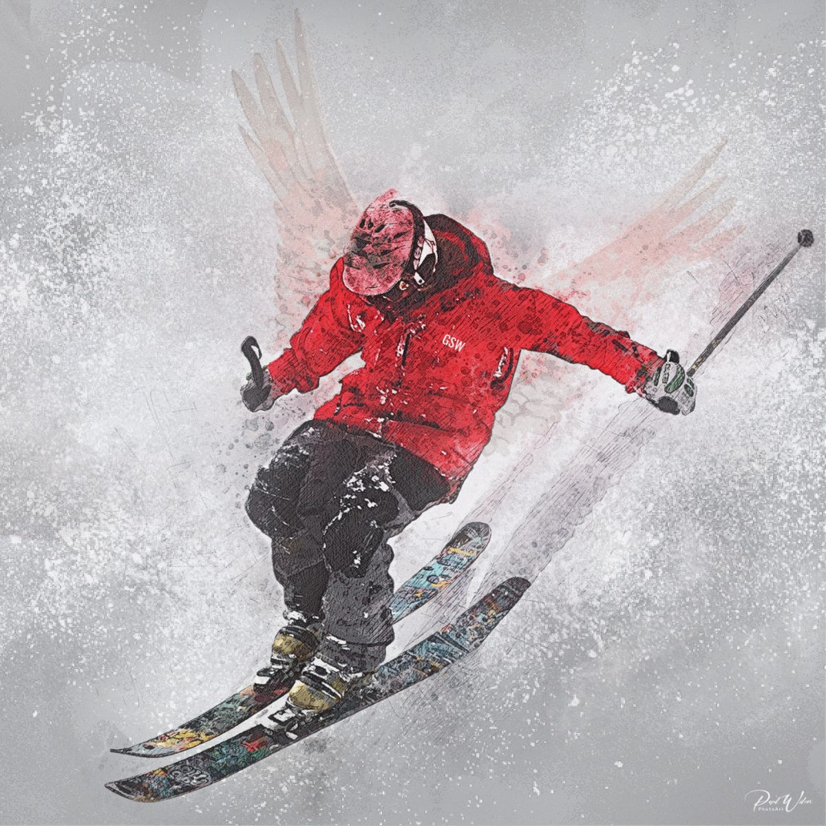 Image of a man on skis with angel wings Image of a man on skis with angel wings