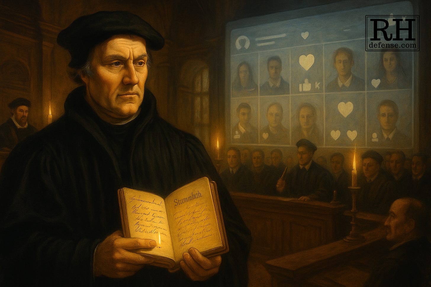 A candlelit Renaissance-style courtroom scene shows Martin Luther holding a small bound friendship book that glows faintly with handwritten signatures. Behind him, a ghostly projection of a modern social-media feed—faces, hearts, and likes—floats in cool tones on the wall, contrasting the warm human light of the foreground with the sterile glow of the digital world. A candlelit Renaissance-style courtroom scene shows Martin Luther holding a small bound friendship book that glows faintly with handwritten signatures. Behind him, a ghostly projection of a modern social-media feed—faces, hearts, and likes—floats in cool tones on the wall, contrasting the warm human light of the foreground with the sterile glow of the digital world.