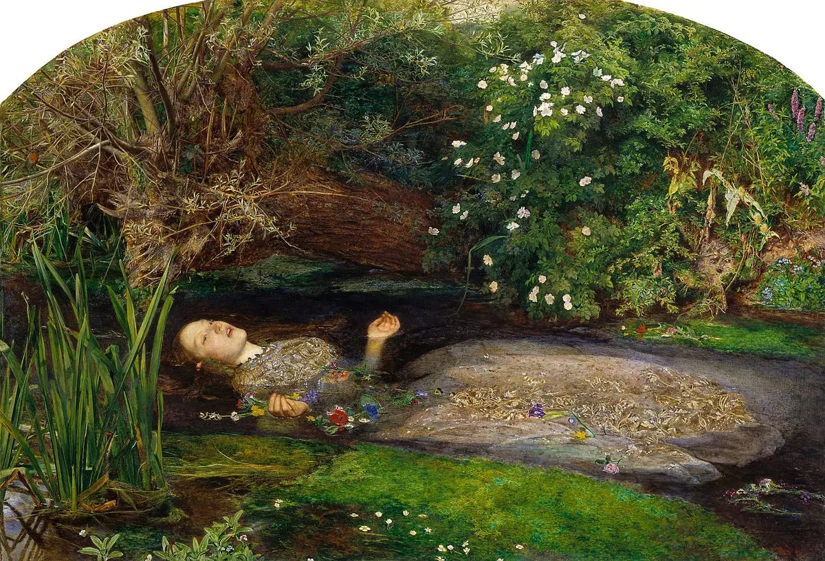 "Ophelia," 1851, by John Everett Millais. Oil on canvas; 30 inches by 44 inches. Tate Britain, London. (Public Domain)