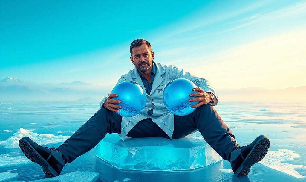 comical illustration of a urologist in a lab coat sitting on an ice floe holding two large, blue spheres and smiling