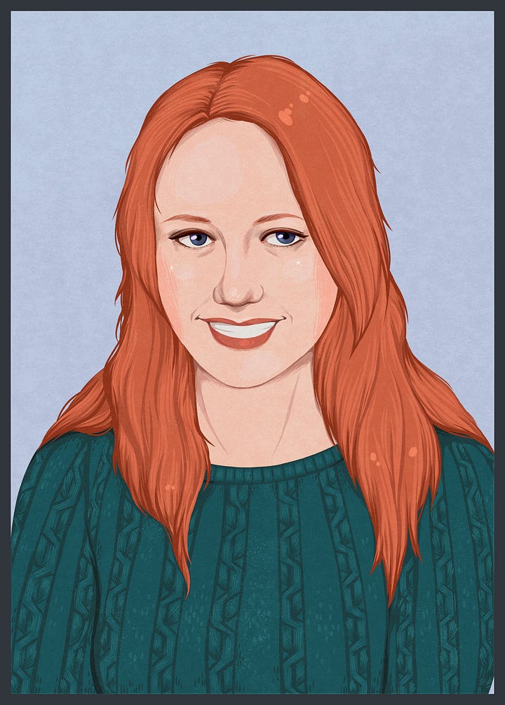 Illustrated author photo of Emily Stone and cover of her book