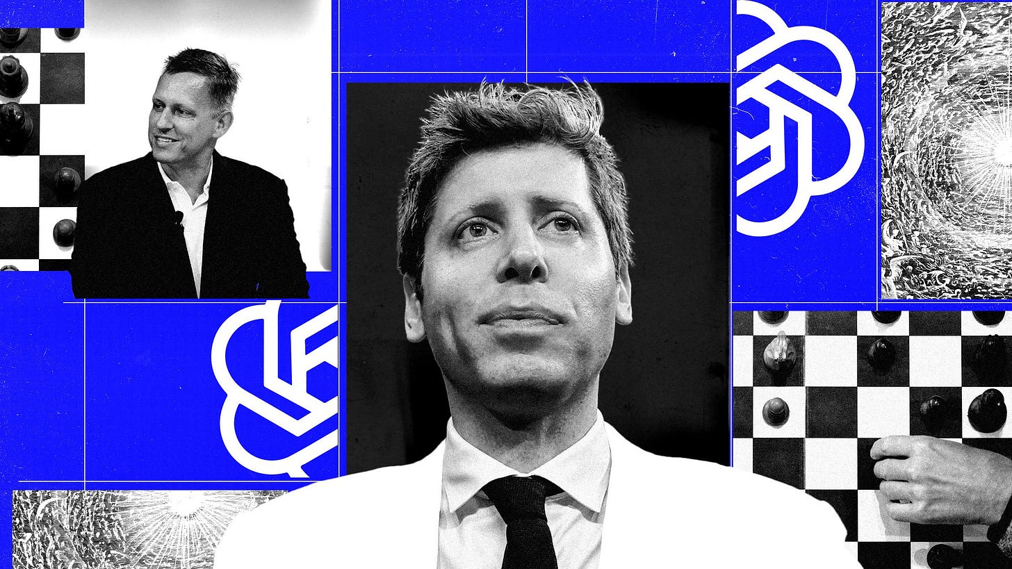 Collage of Sam Altman Peter Thiel a chess game a ray of sunshine and the OpenAI logo