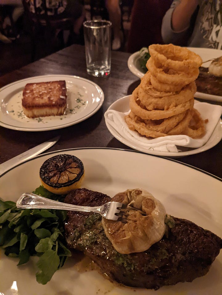 Steak dinner and dessert.