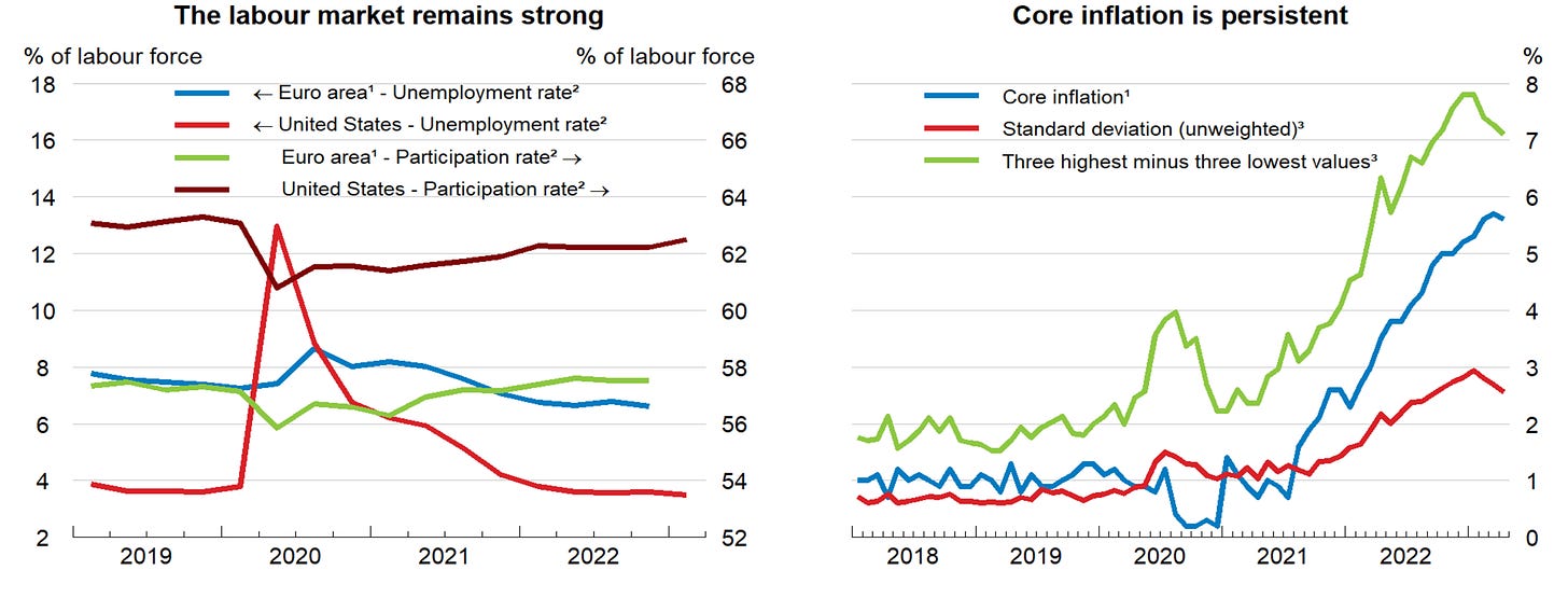 1. The data refer to the Euro Area, including 20 member countries. 2. Age group. 3. Dispersion measures refer to individual Euro Area countries.