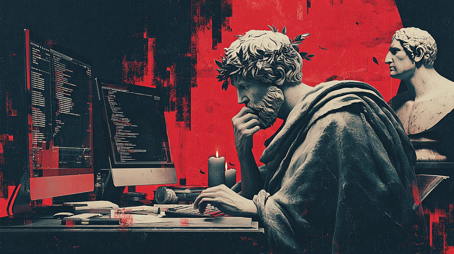 A Roman emperor in classical toga and laurel crown sitting at a modern developer's desk with glowing dual monitors displaying code