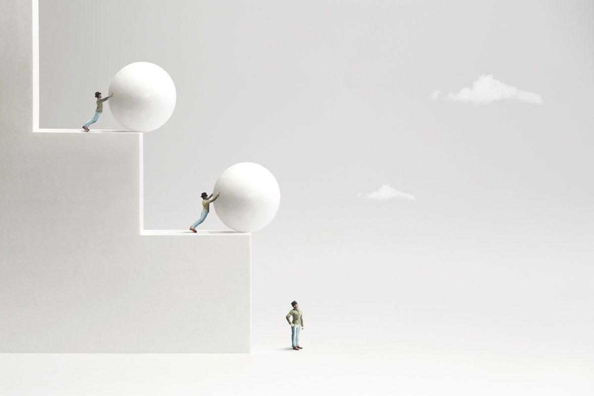 Men on Steps Pushing Boulders onto Men Below Men on Steps Pushing Boulders onto Men Below