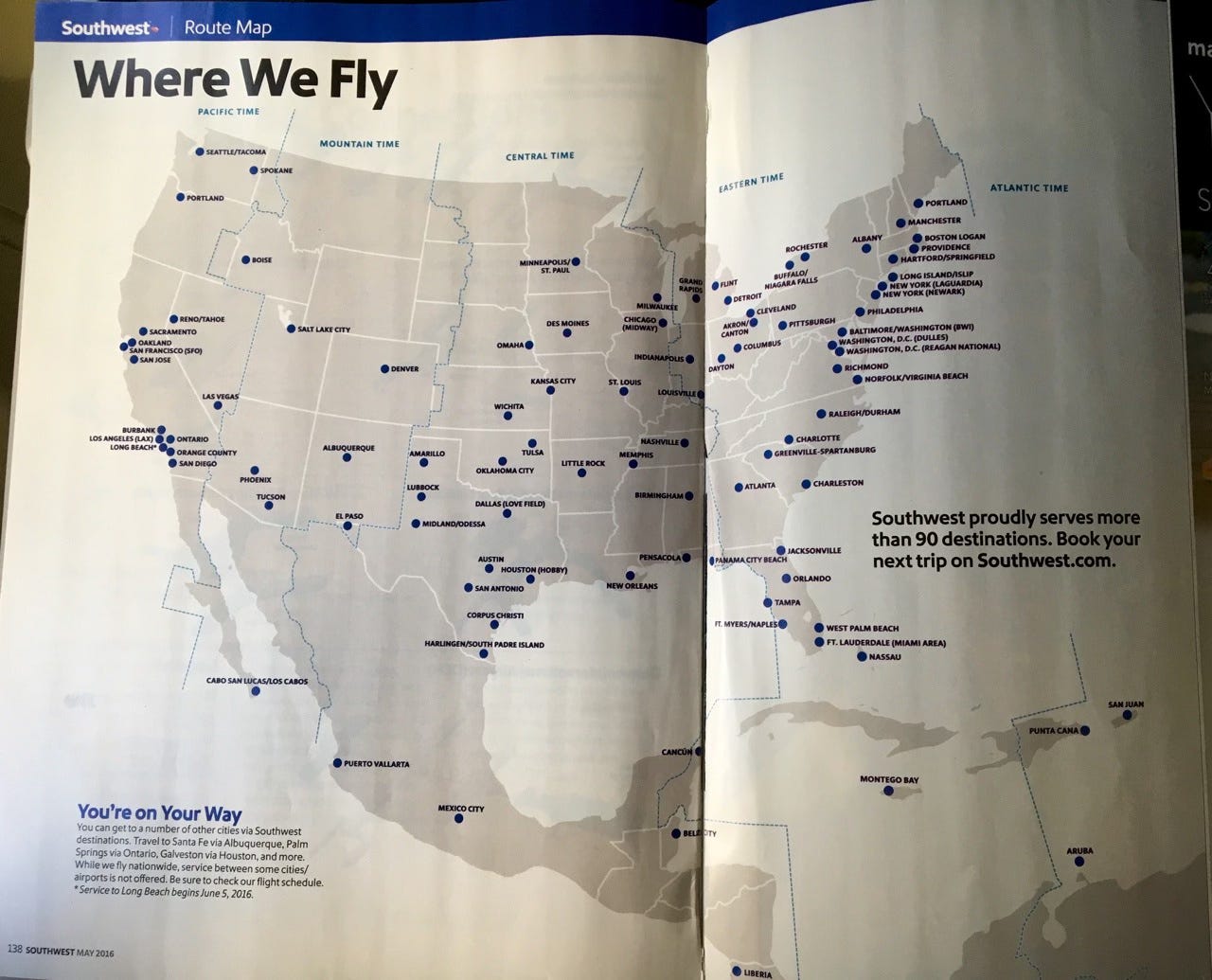 Southwest Airlines Route Map - "Where We Fly" with cities across North America marked.