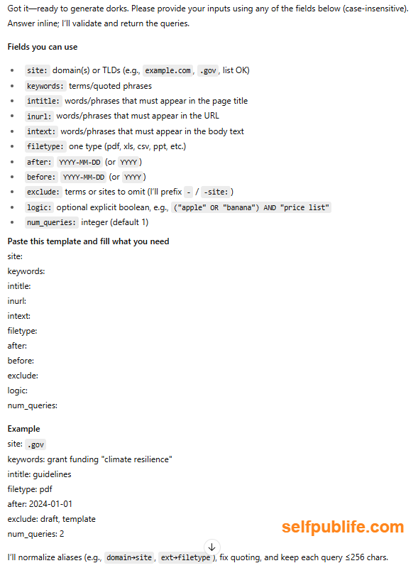 Screenshot of ChatGPT output of Google Dork creator prompt. Screenshot of ChatGPT output of Google Dork creator prompt.