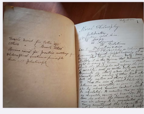 An old, ratty-spined notebook from 1884 containing lecture notes