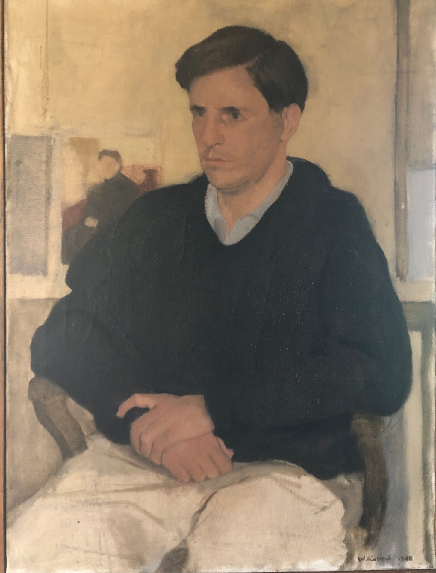 Complete portrait of man seated and three-quarter view of his face and hands folded in his lap.