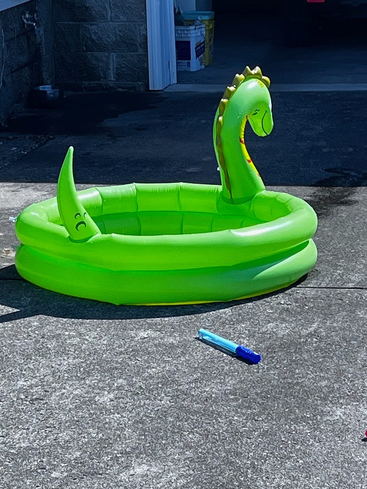 a mailbox and an inflatable kiddie pool shaped like a dragon