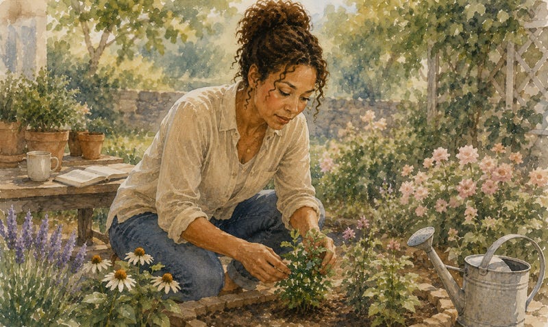 Highly sensitive woman tending a garden as a symbol of self-awareness, personal growth, and learning to trust herself, despite still caring what other people think. 