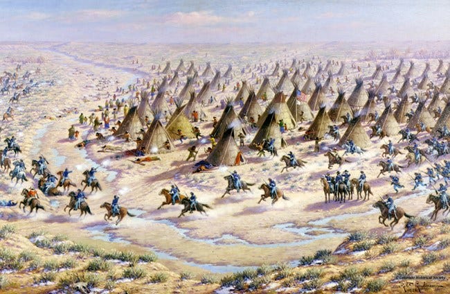 "The Sand Creek Massacre" by Robert Lindneaux portrays his concept of the assault on the peaceful Cheyenne and Arapaho village by the U.S. Army. "The Sand Creek Massacre" by Robert Lindneaux portrays his concept of the assault on the peaceful Cheyenne and Arapaho village by the U.S. Army.