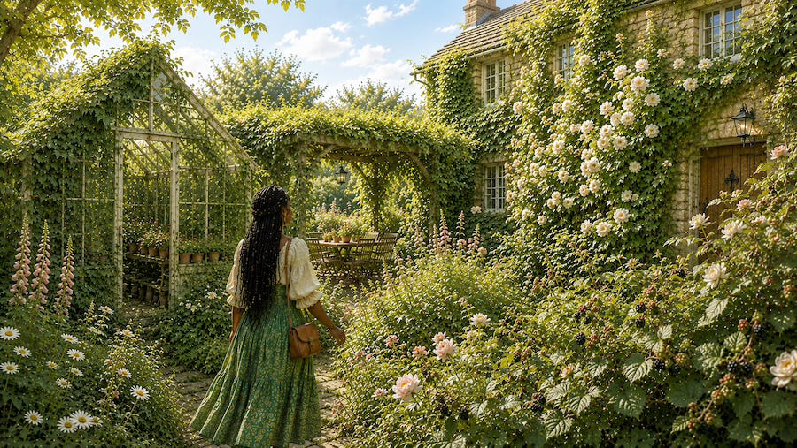 Ivy stands quietly at the entrance to her cottage garden, taking in ivy-covered greenhouse walls, white briar roses climbing the stone cottage, grapevines draping the pergola, and flowers spilling across every border. Images designed by Kim West and created with AI assistance. Ivy stands quietly at the entrance to her cottage garden, taking in ivy-covered greenhouse walls, white briar roses climbing the stone cottage, grapevines draping the pergola, and flowers spilling across every border. Images designed by Kim West and created with AI assistance.