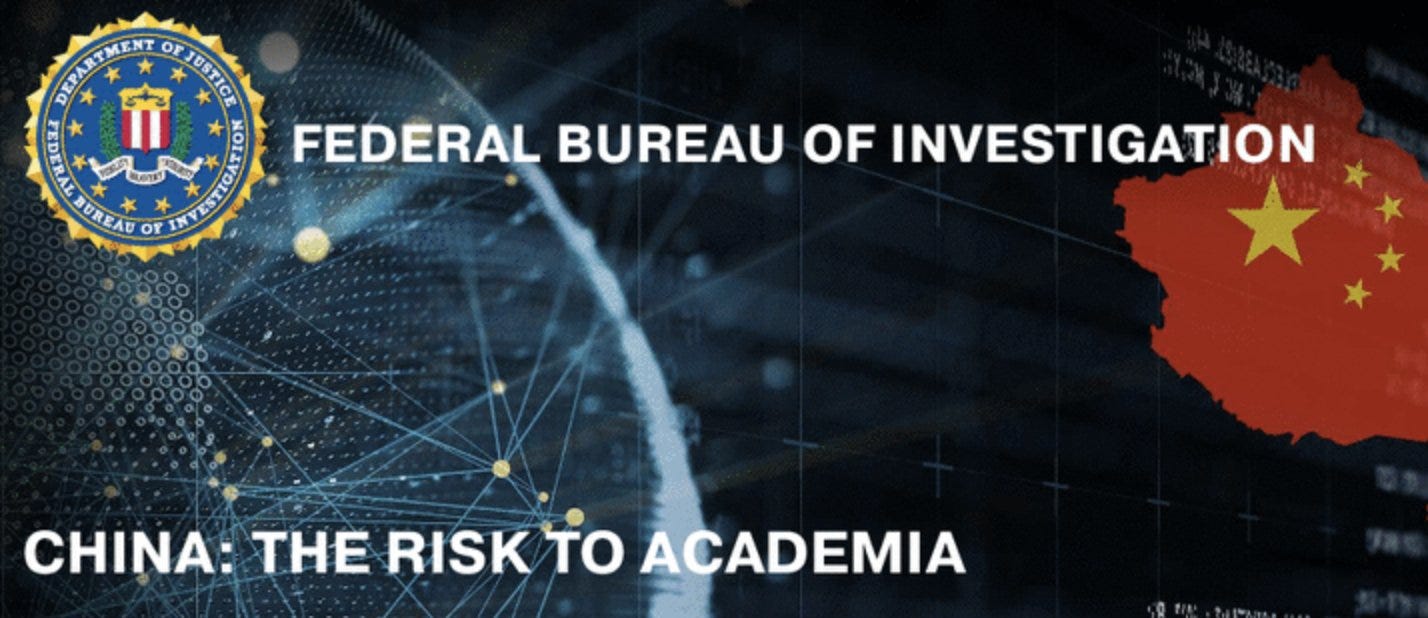 Image of a globe and the outline of China. FBI seal. Text: China: The risk to academia Image of a globe and the outline of China. FBI seal. Text: China: The risk to academia