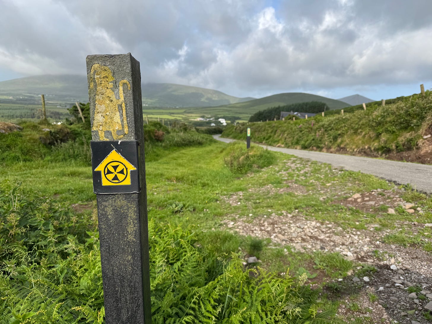 Pilgrimage trail marker with image of pilgrim