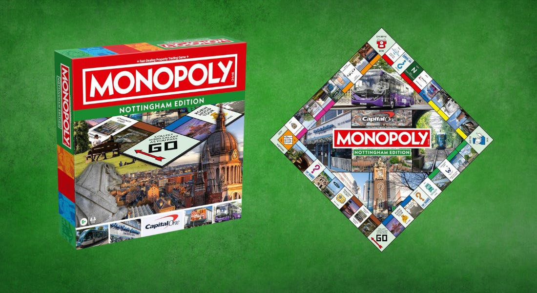 A Nottingham Monopoly board box and board on top of a green background A Nottingham Monopoly board box and board on top of a green background