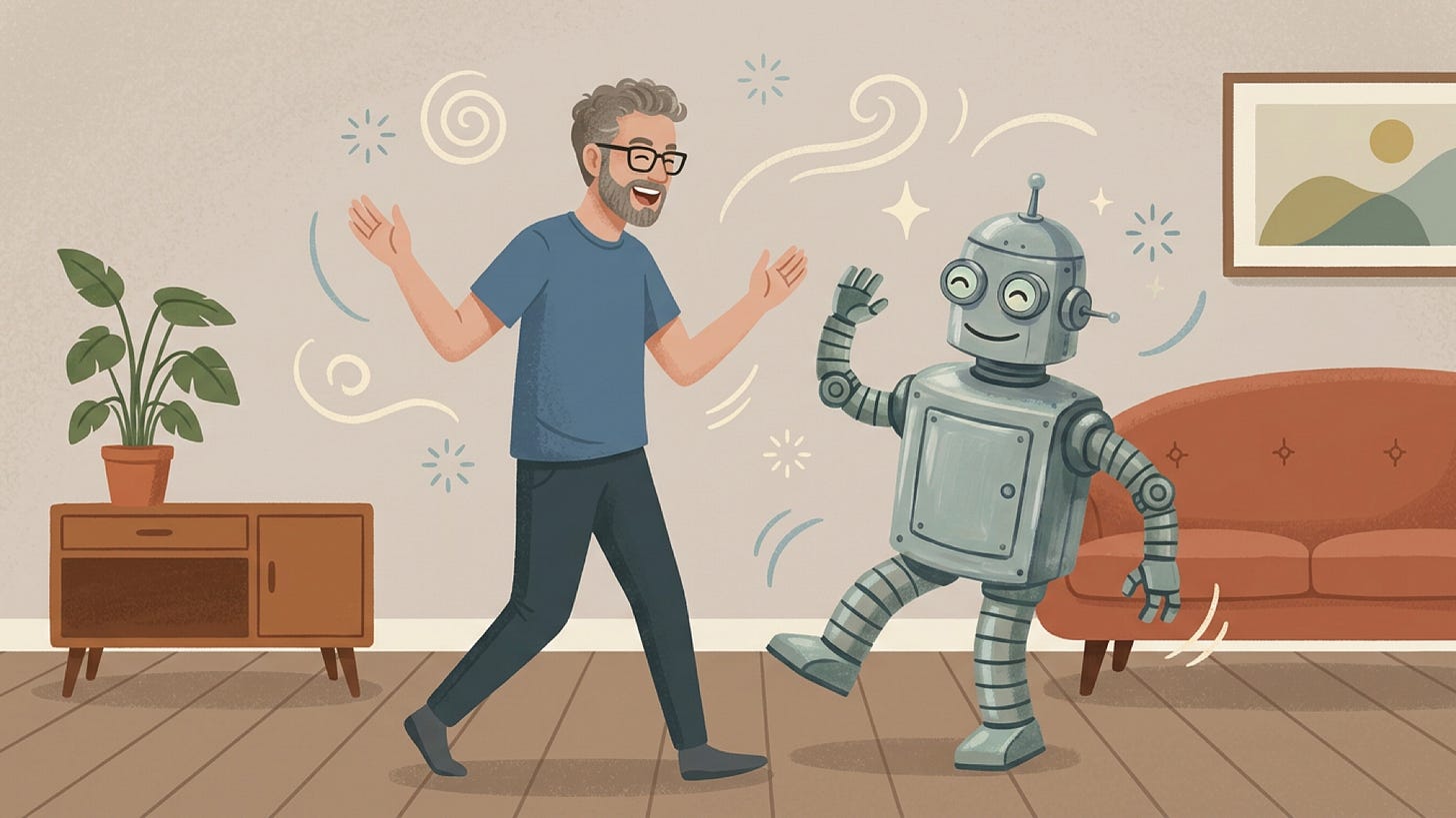 Illustration: a man dancing joyfully with a friendly robot Illustration: a man dancing joyfully with a friendly robot