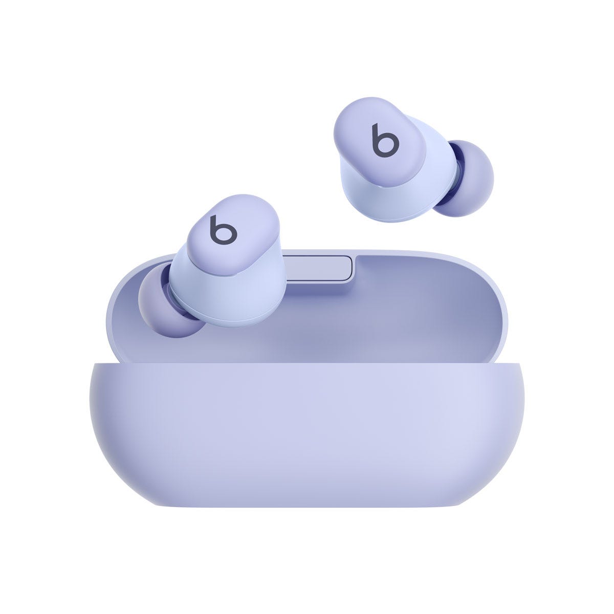 Beats Solo Buds carrying case in Arctic Purple with matching earbuds floating above the case. 