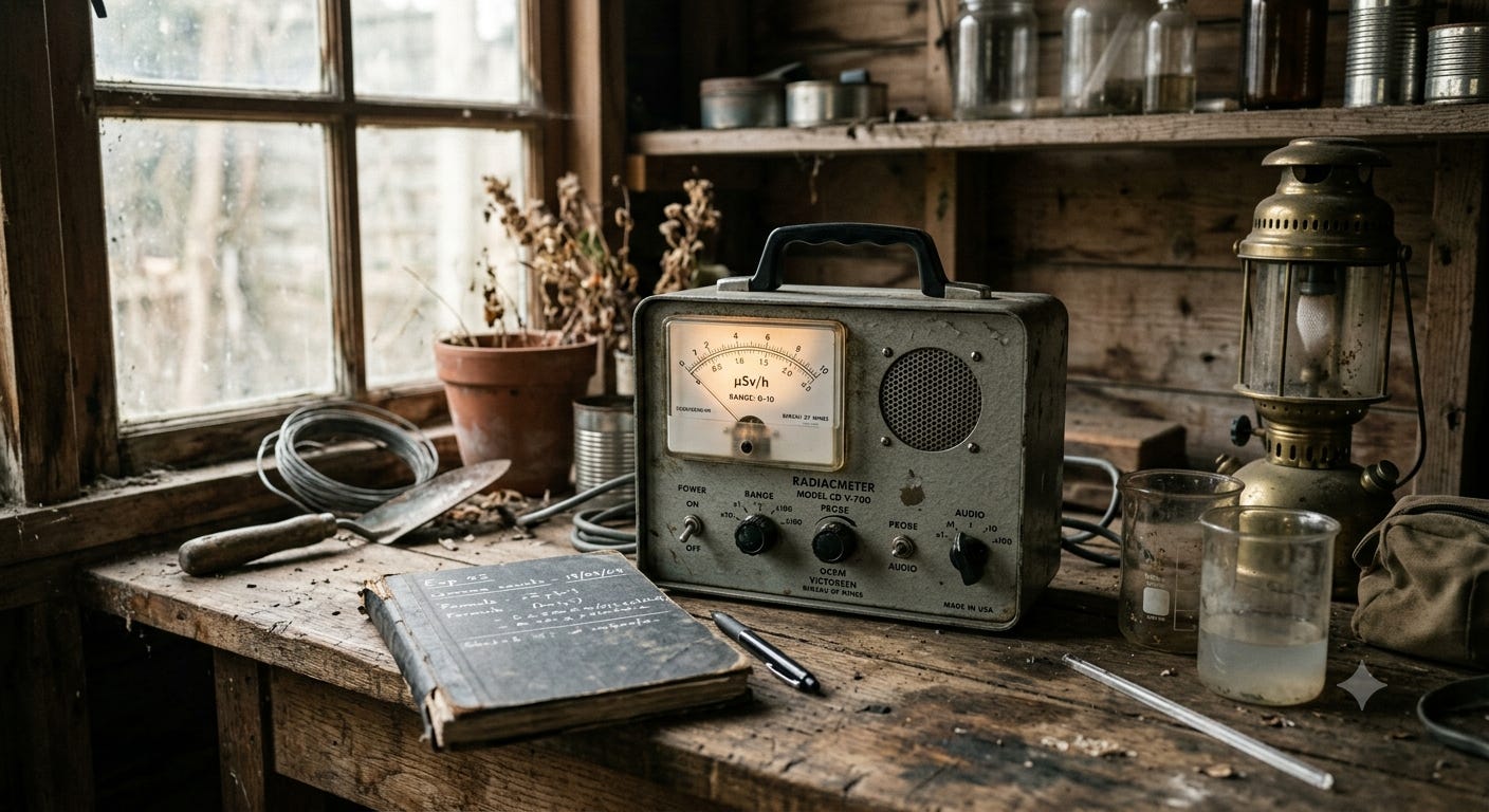 A close-up, atmospheric shot of an vintage 1960s-style metal Geiger counter with an analogue needle meter, sitting on a weathered wooden workbench inside a rustic potting shed. Beside it are glass beakers, an old camping lantern, and a weathered laboratory notebook.