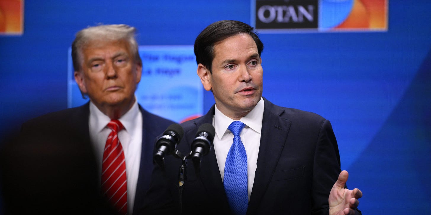 US Secretary of State Marco Rubio (R), flanked by US President Donald Trump, speaks at a press conference during the North Atlantic Treaty Organization (NATO) summit in The Hague on June 25, 2025. (Photo by JOHN THYS / AFP) (Photo by JOHN THYS/AFP via Getty Images)