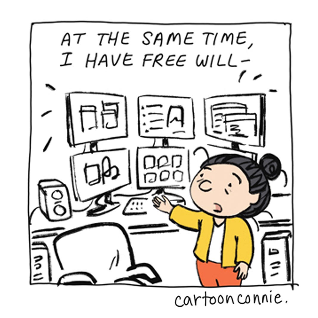 Panel 2 of a 6-panel comic about the new normal of A.I. and technology in modern life. Titled "New Normal," original art by Connie Sun, cartoonconnie, 2026. 
