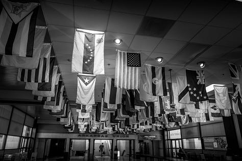 buildings, razorbacks, international flags