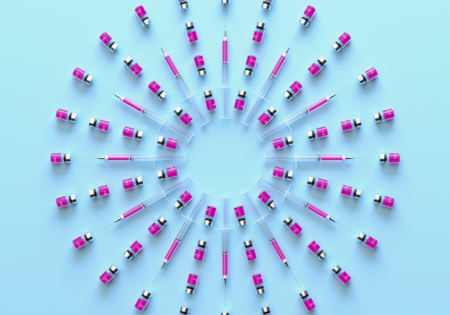 Circle of syringes and vials on blue background