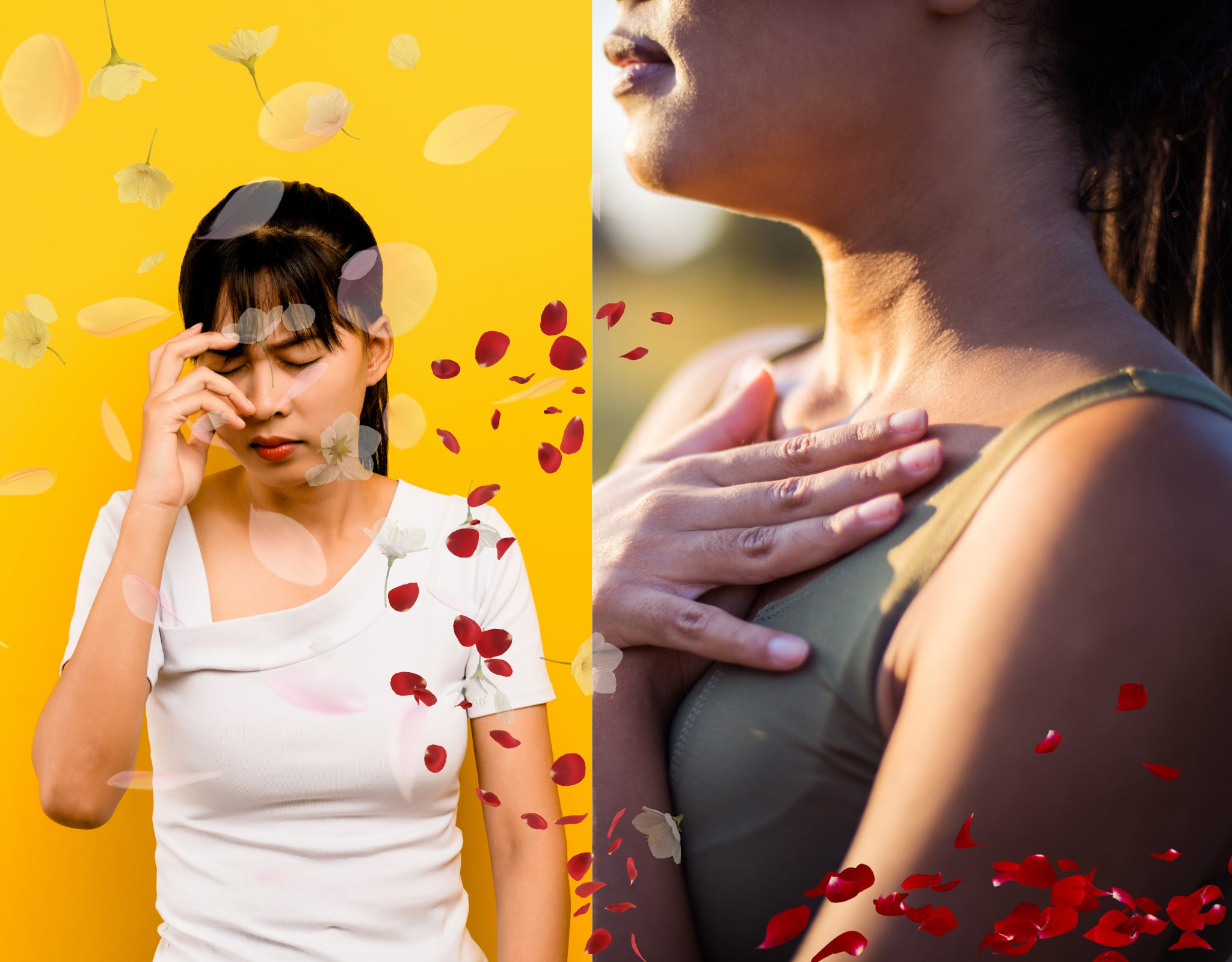 a split image of a woman on the left, head down, hand to forehead and flower petals falling around her. Image on right is a side image of a woman with hands on chest and red flower petals settled at the bottom right. Five Healing Ways to Find Stillness When You Can't Stop Overthinking  Find peace beneath your thoughts through gentle, mindful stillness