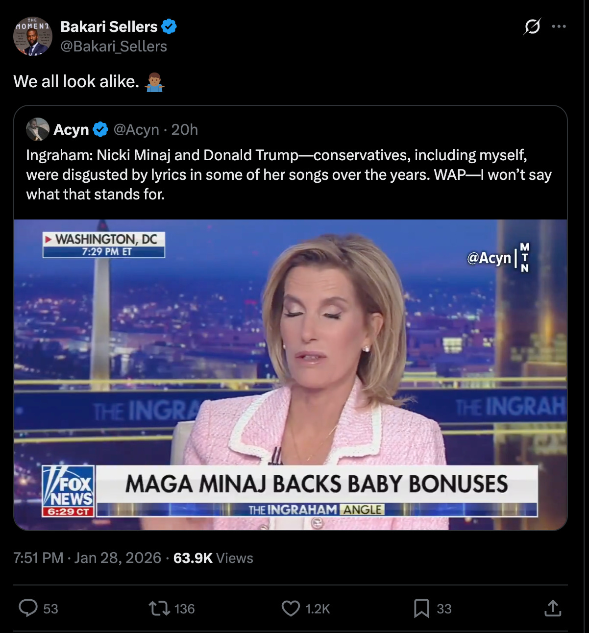 Bakari Sellers quote-tweeting the Ingraham clip: "We all look alike." Bakari Sellers quote-tweeting the Ingraham clip: "We all look alike."