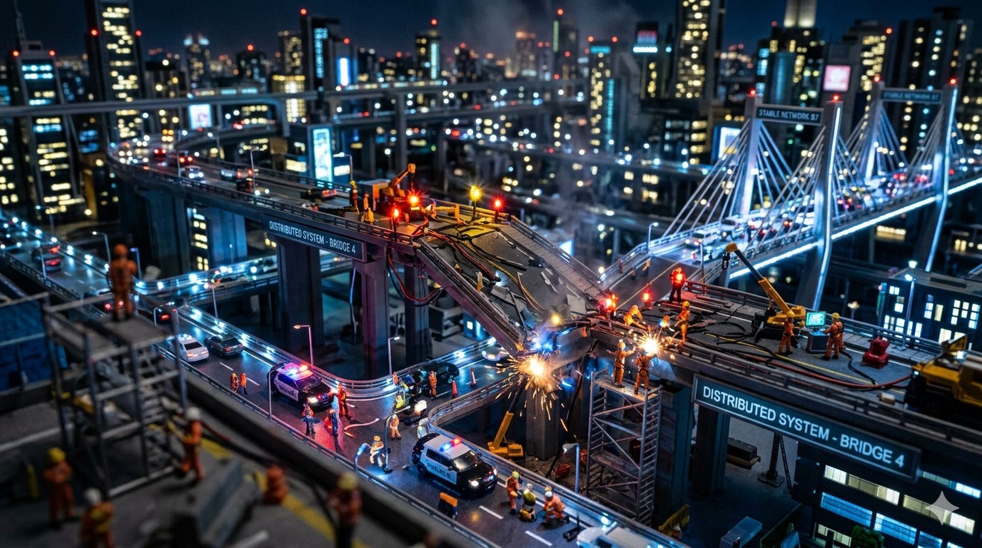 A detailed miniature model of a chaotic night-time highway repair scene, where tiny construction figures with sparks, crane, and police cars work on a majorly collapsed overpass.