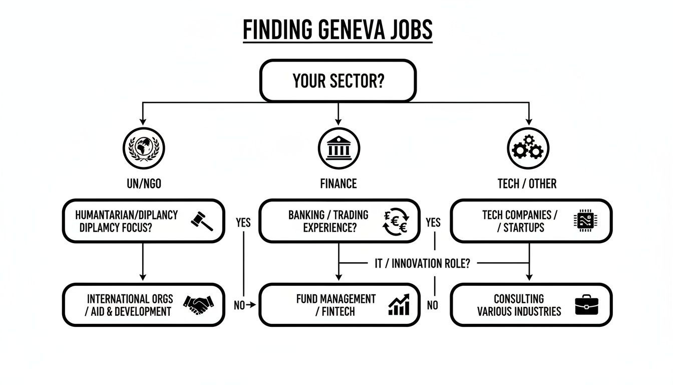 Flowchart titled 'Finding Geneva Jobs' guiding users through career paths in UN/NGO, Finance, and Tech sectors.